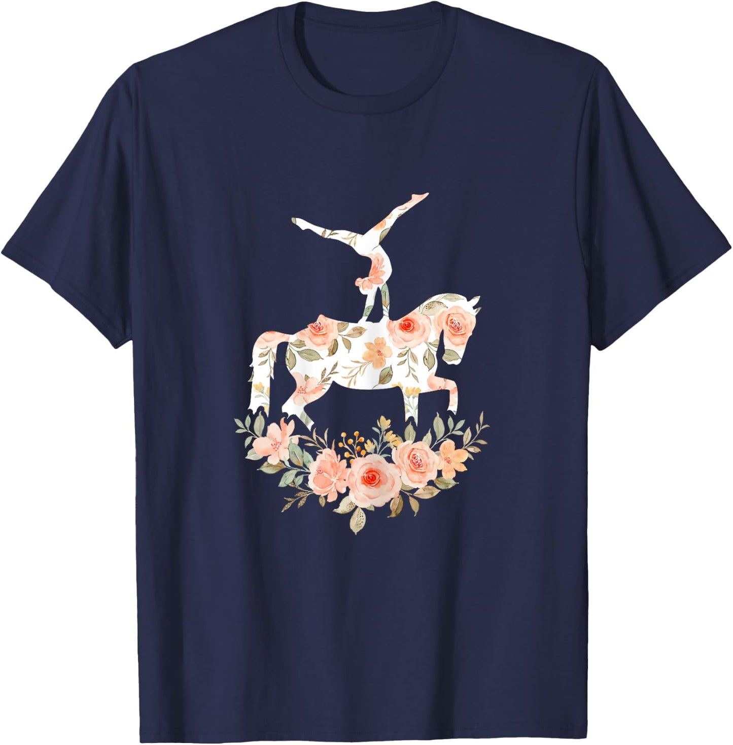 Floral Girl Vaulting Riding Equestrian Horse Girl Horseback T-Shirt - T-Shirt | Navy