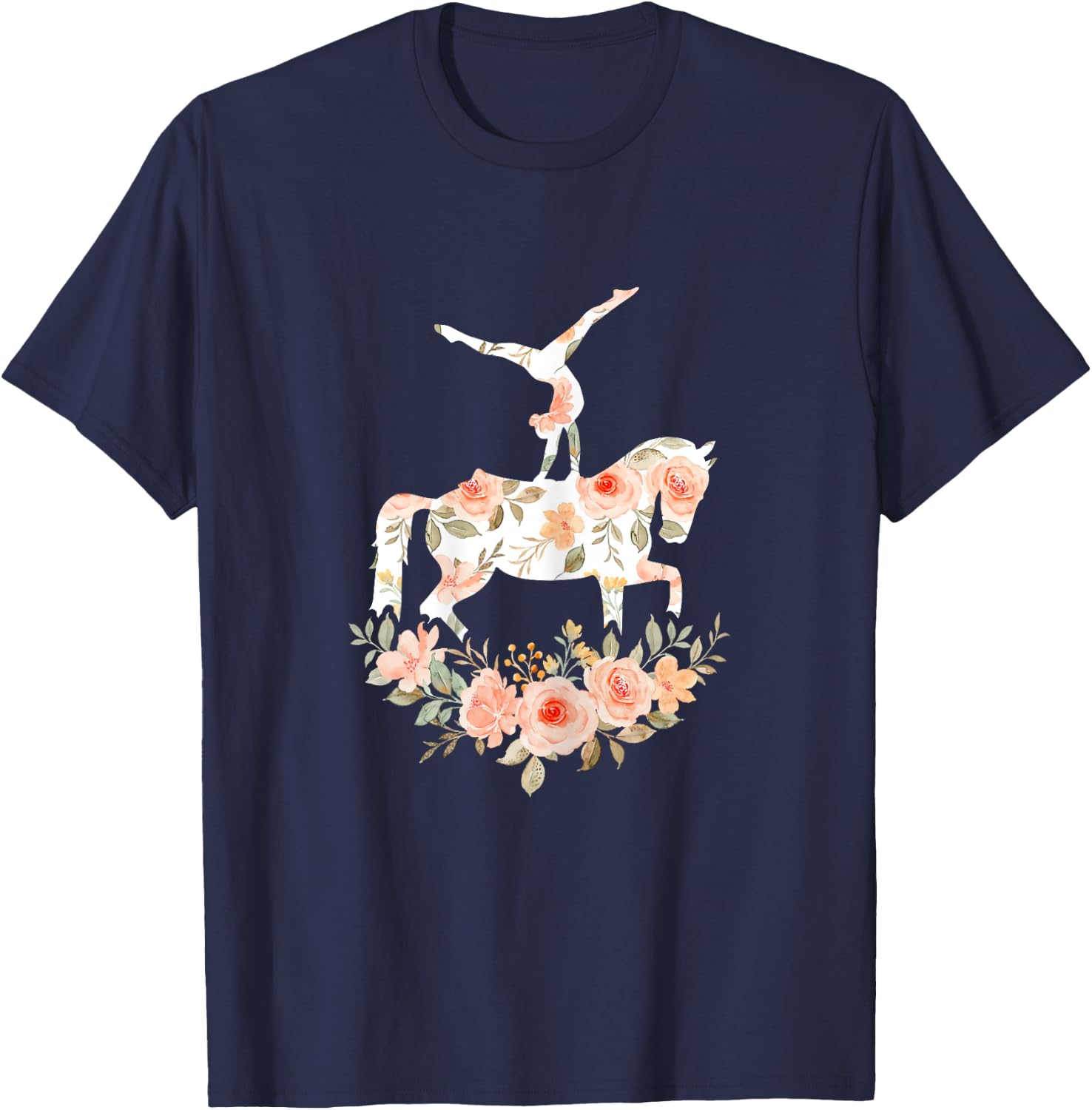 Floral Girl Vaulting Riding Equestrian Horse Girl Horseback T-Shirt - T-Shirt | Navy