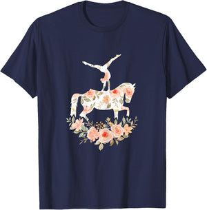 Floral Girl Vaulting Riding Equestrian Horse Girl Horseback T-Shirt - T-Shirt | Navy