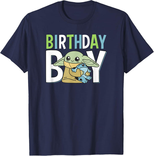 Star Wars: The Mandalorian Grogu Birthday Boy Hug Blue Green T-Shirt - T-Shirt | Navy