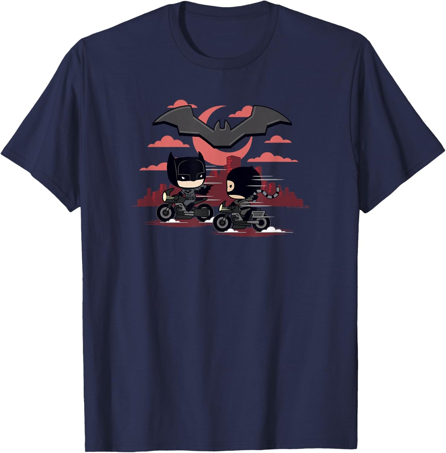 The Batman Catwoman And Batman Chibi Motorcycles Logo T-Shirt - T-Shirt | Navy