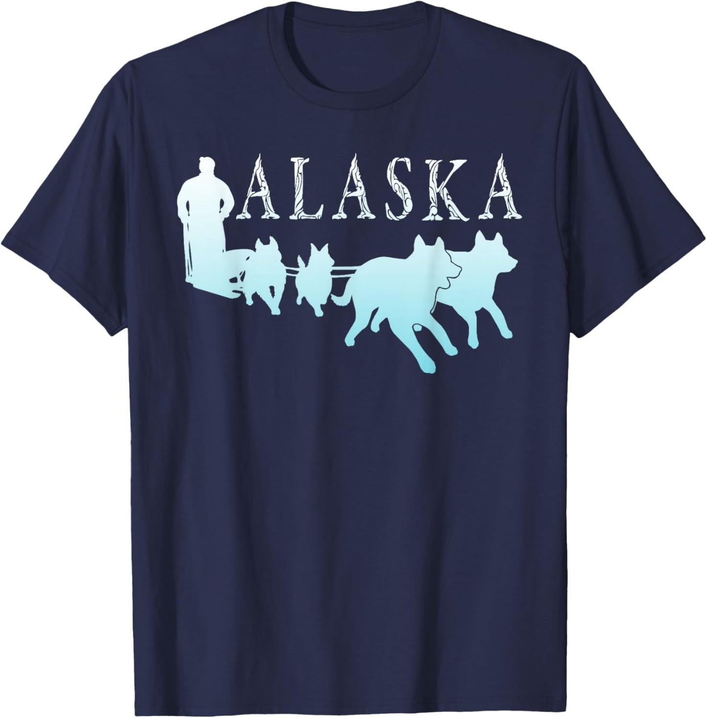 Alaska Sled Dogs Mushing Team Snow Sledding Mountain Scene T-Shirt - T-Shirt | Navy