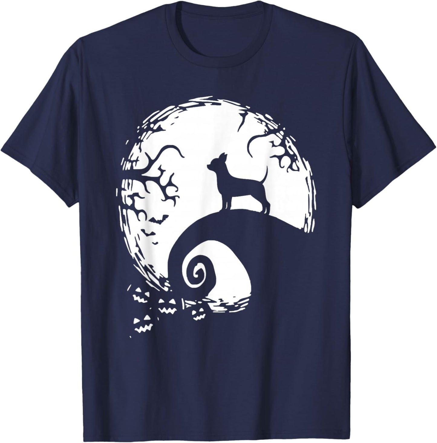 Chihuahua Dog Halloween With Moon Pumpkin Silhouette T-Shirt - T-Shirt | Navy