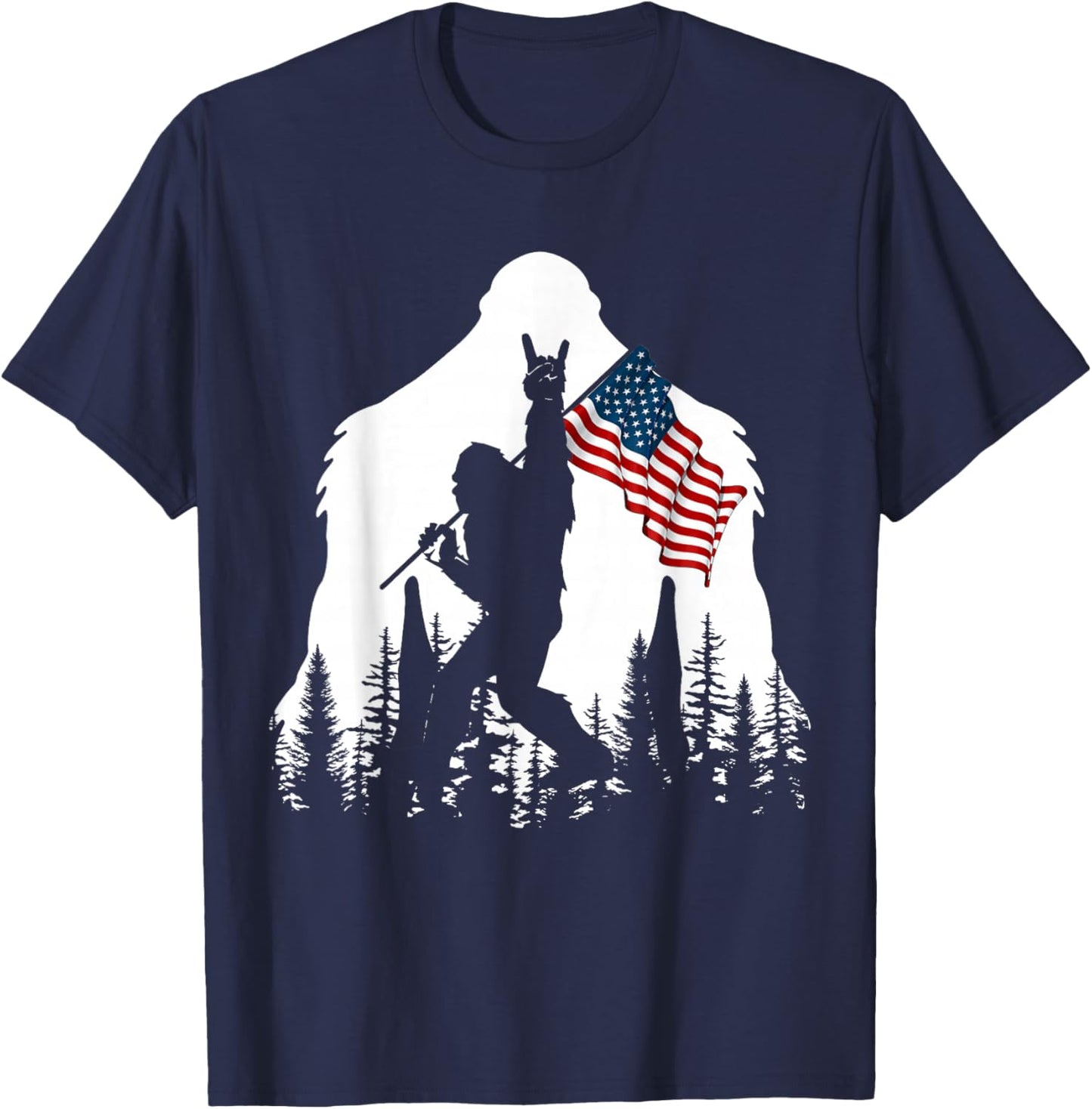 Bigfoot Rock On Hold American Flag Sasquatch Believers T-Shirt - T-Shirt | Navy