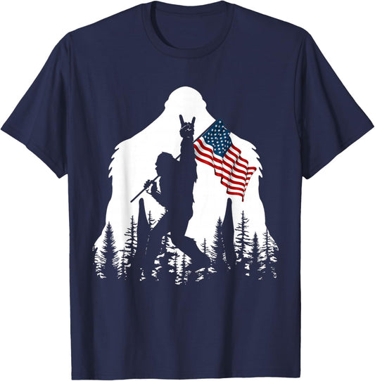 Bigfoot Rock On Hold American Flag Sasquatch Believers T-Shirt - T-Shirt | Navy