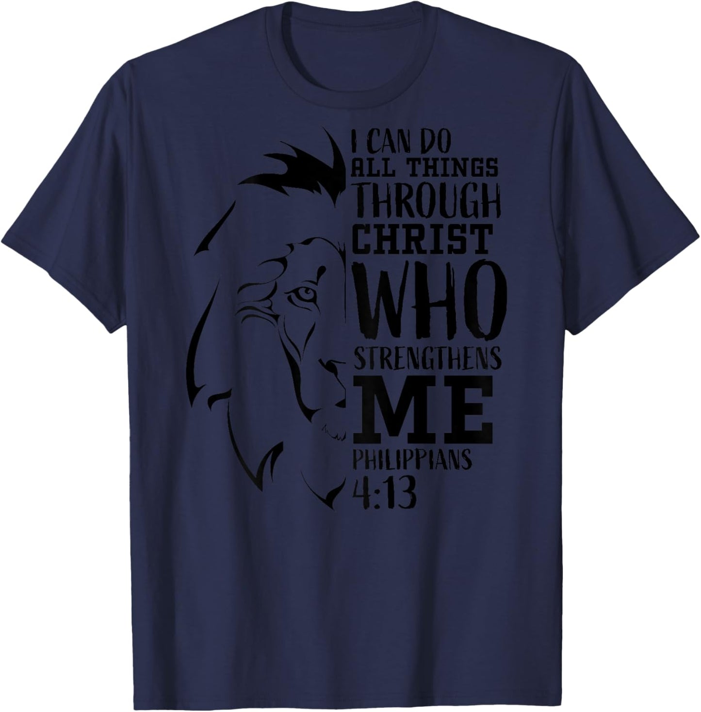 Philippians 4:13 Christian Verse Lion Graphic Back Print T-Shirt - T-Shirt | Navy