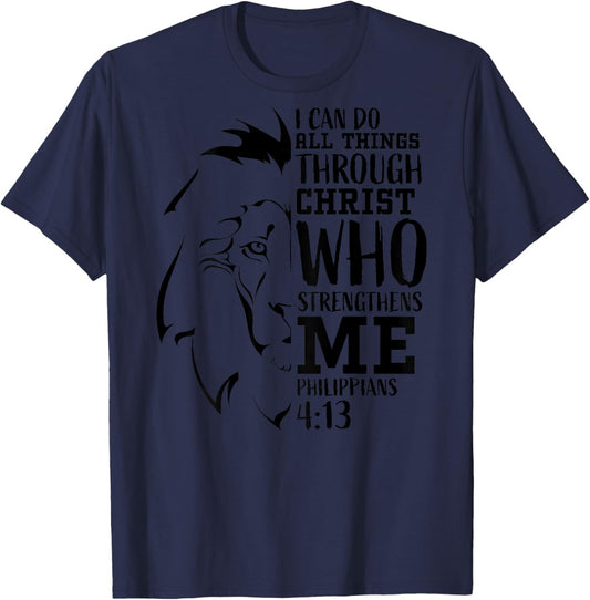 Philippians 4:13 Christian Verse Lion Graphic Back Print T-Shirt - T-Shirt | Navy