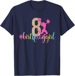 8th Birthday Girl Cheerleader Rainbow Cheerleading T-Shirt - T-Shirt | Navy