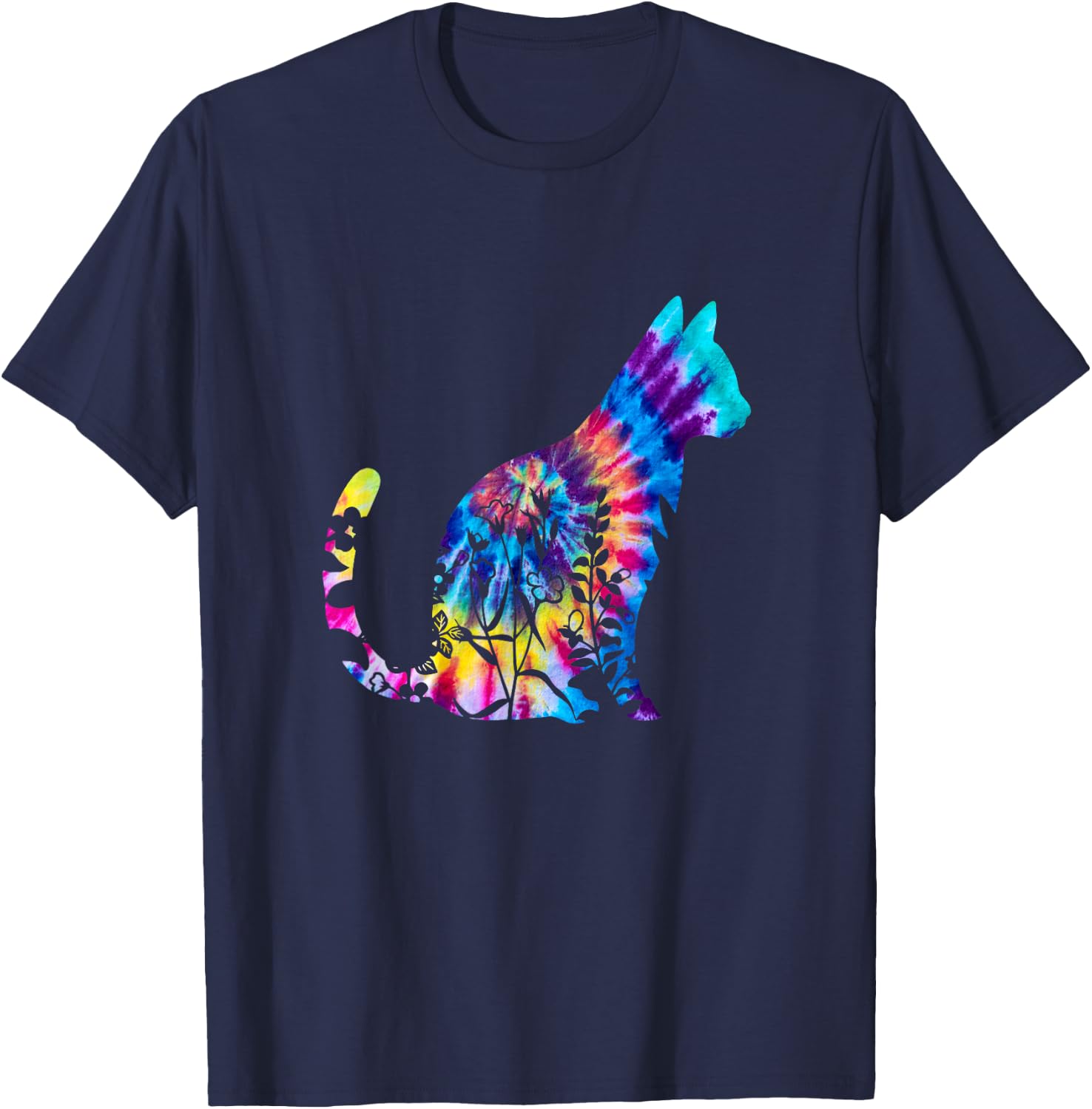 Cute Cat Tie Dye Cat Floral Cool Cat Lover T-Shirt - T-Shirt | Navy