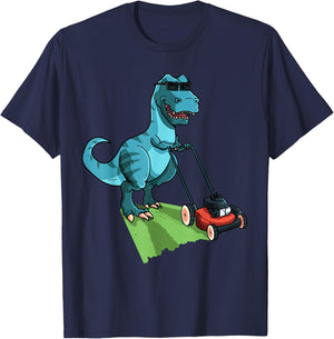 Cute Mowing Dino Dinosaur Lover Animal Gardener Funny Lawn Mower T-Rex Tractor Mowing Gift Kids Toddler -Adults, Kids , Black, Small T-Shirt - T-Shirt | Navy