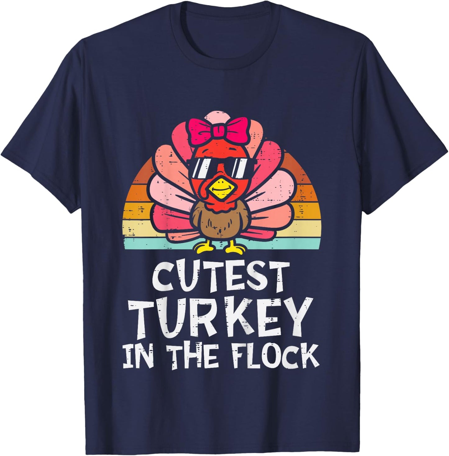 Cutest Turkey In The Flock Retro Toddler Girls Thanksgiving T-Shirt - T-Shirt | Navy