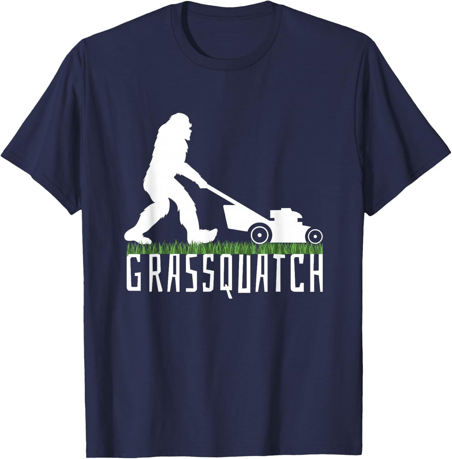 Funny Lawn Mowing Sasquatch Grassquatch Bigfoot Lawn Mower T-Shirt - T-Shirt | Navy