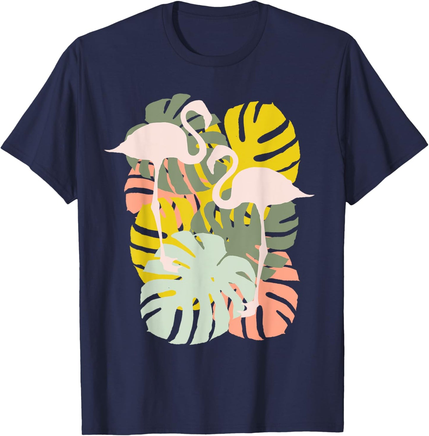 Monstera Leaves And Flamingo Art T-Shirt - T-Shirt | Navy