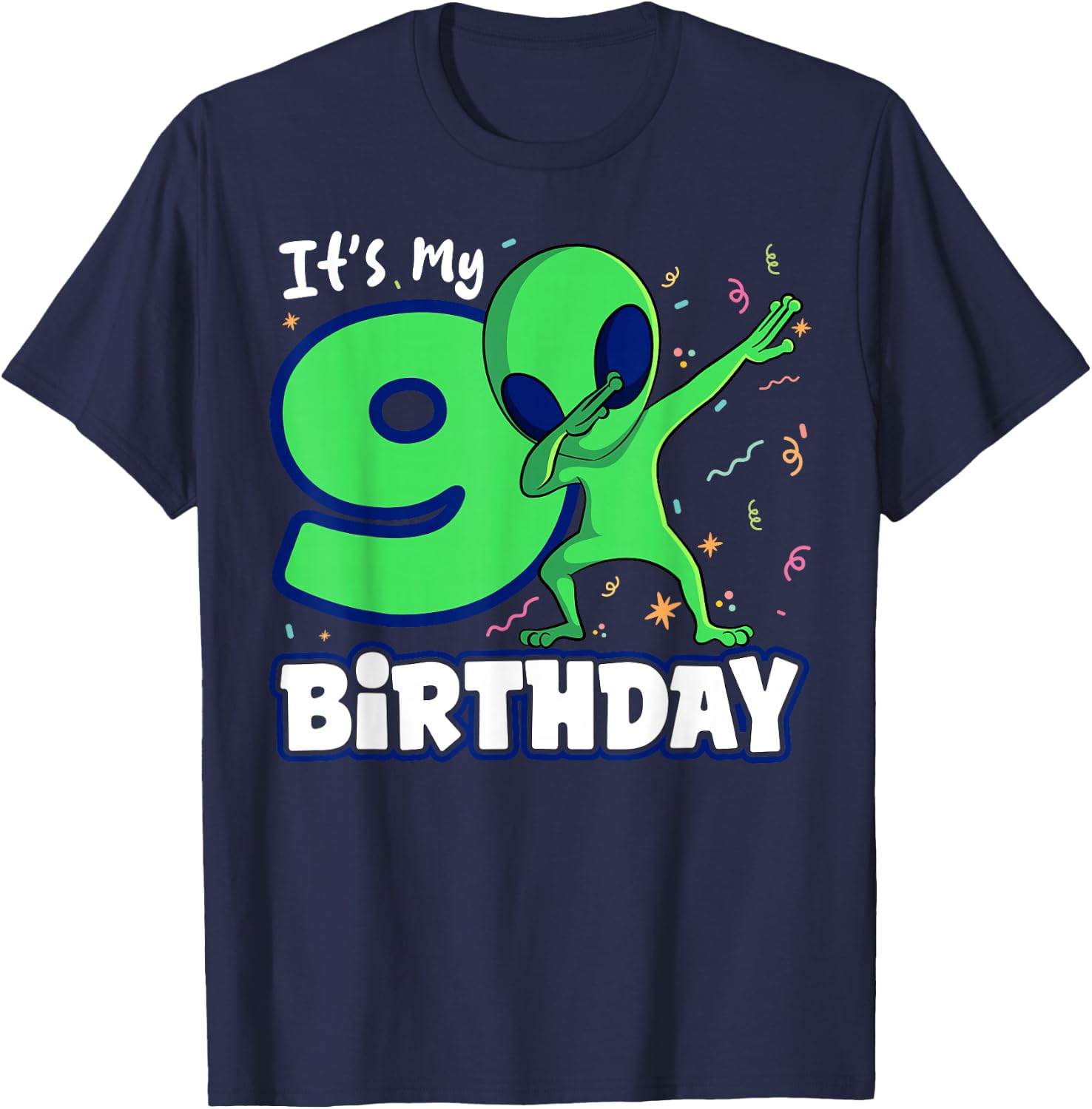 Alien 9th Birthday Dub Party Spacecraft UFO Space Galaxy T-Shirt - T-Shirt | Navy