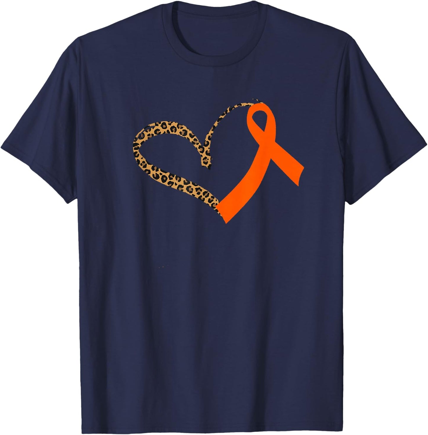 Leukemia Awareness Cancer Leopard Print Heart Orange Ribbon T-Shirt - T-Shirt | Navy