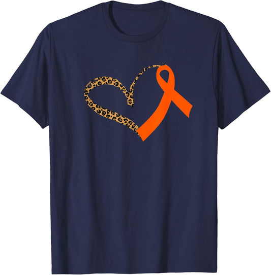 Leukemia Awareness Cancer Leopard Print Heart Orange Ribbon T-Shirt - T-Shirt | Navy