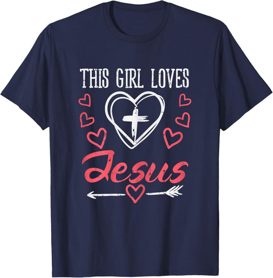 Heart Cross This Girl Loves Jesus God Christian Girls Women T-Shirt - T-Shirt | Navy