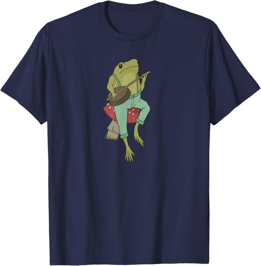 Cottagecore Frog - Cute Frog Playing Banjo on Mushroom T-Shirt - T-Shirt | Navy