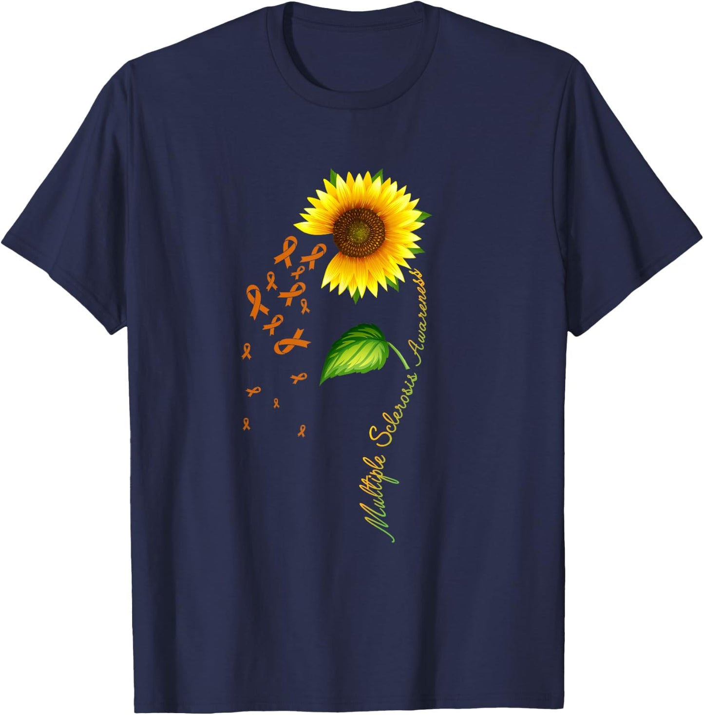 Multiple Sclerosis Awareness Sunflower Orange Ribbon T-Shirt - T-Shirt | Navy
