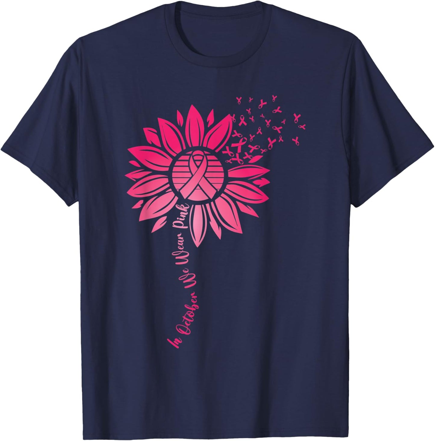 in October we Wear Pink Sunflower Breast Cancer Awareness T-Shirt - T-Shirt | Navy