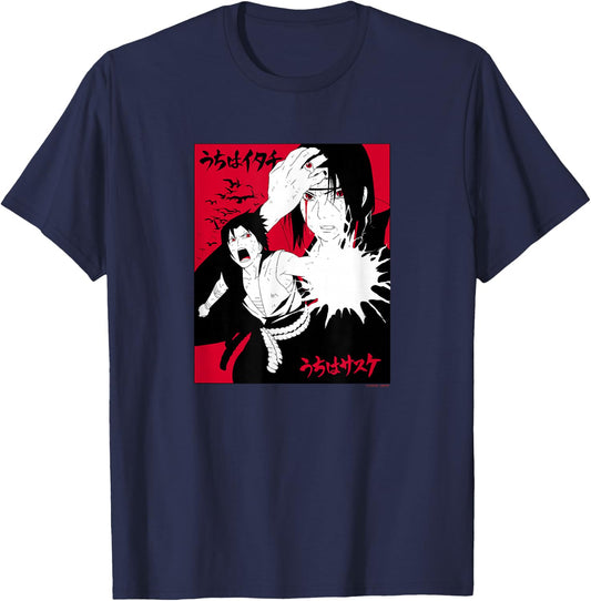Naruto Shippuden Itachi & Sasuke with Kanji Animed T-Shirt - T-Shirt | Navy