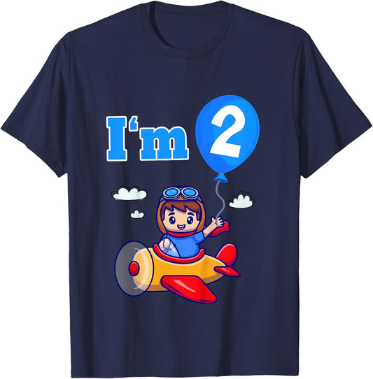 Kids Pilot Airplane Plane I'm 2 Two Second 2nd Birthday Boys T-Shirt - T-Shirt | Navy