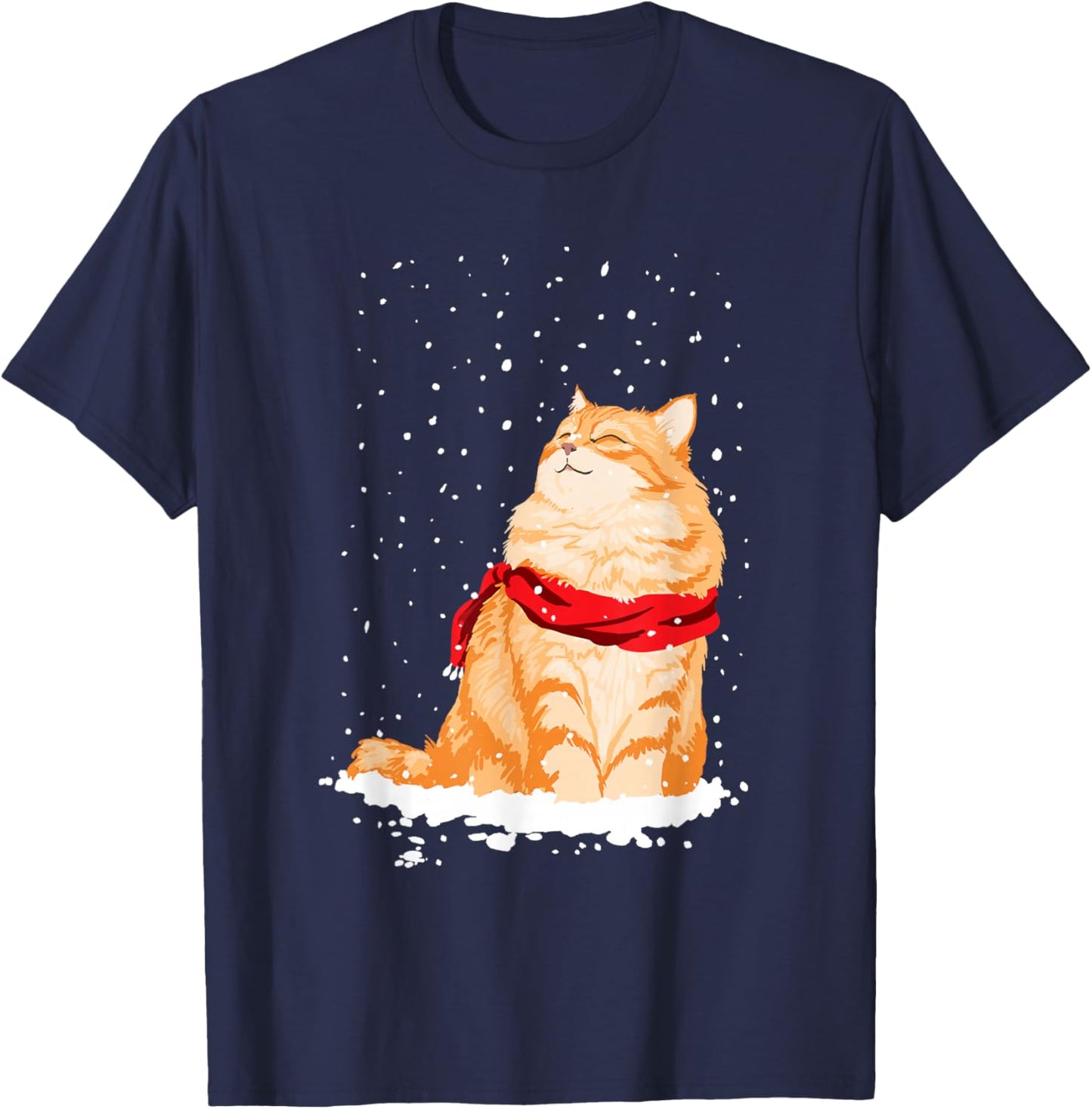 Cat Standing in The Snow Winter Christmas Cat Lover T-Shirt - T-Shirt | Navy