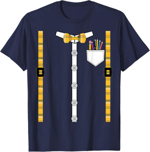 Printed Plaid Suspenders Bowtie Class Nerd Costume T-Shirt - T-Shirt | Navy