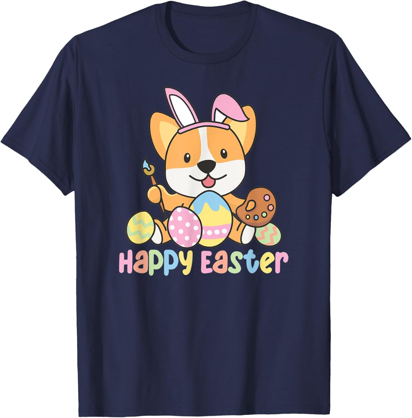 Happy Easter Cute Corgi At Easter With Easter Eggs T-Shirt - T-Shirt | Navy