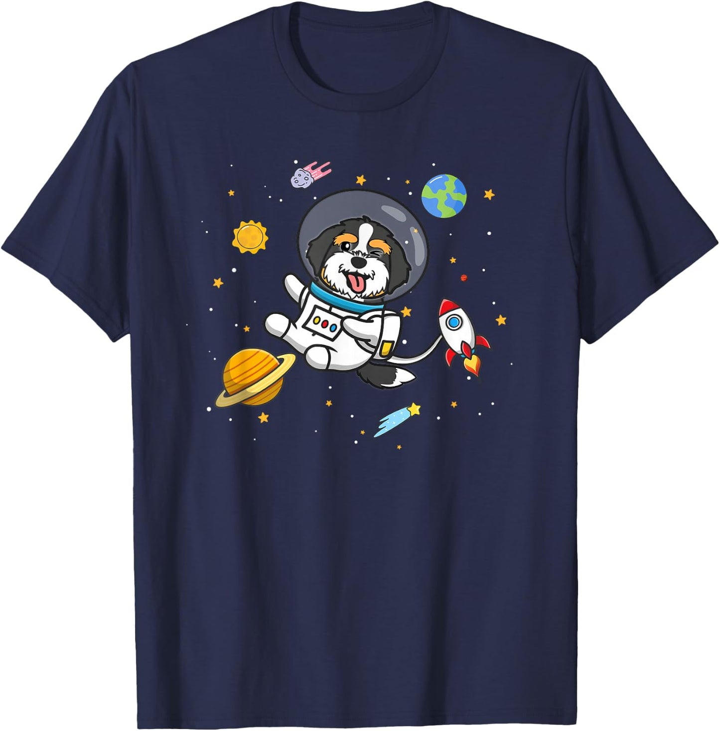 Cute Kids Boys Girls Kawaii Space Bernedoodle Dog Lover T-Shirt - T-Shirt | Navy