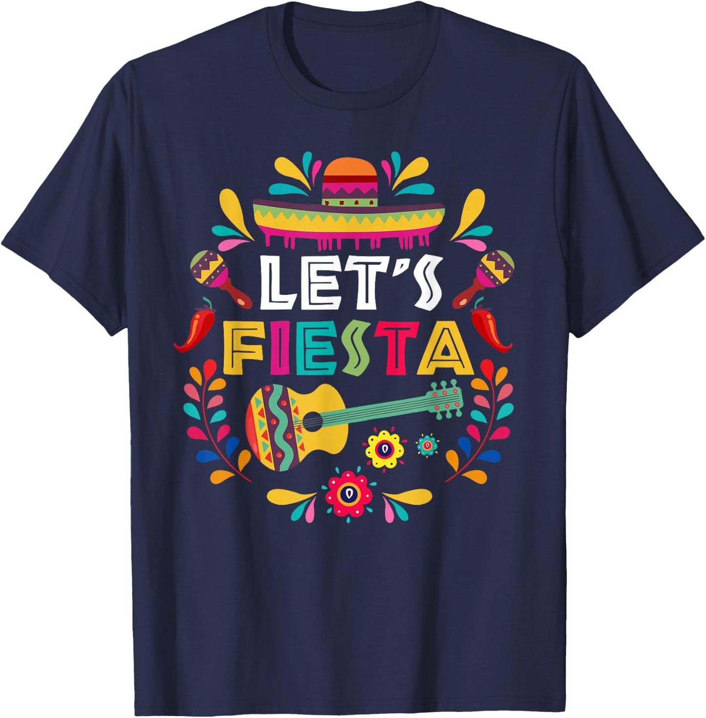 Lets Mexican Fiesta Cinco De Mayo Party Colourful Guitar Fun T-Shirt - T-Shirt | Navy