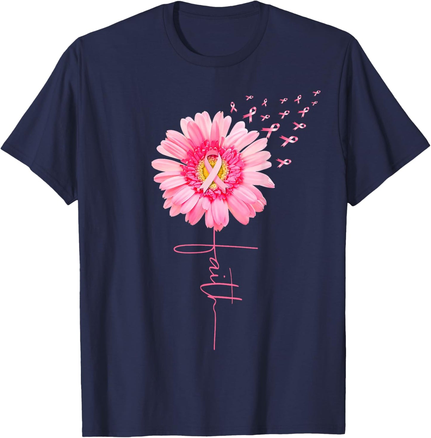 Pink Ribbon Daisy Faith - Breast Cancer Awareness Month Gift T-Shirt - T-Shirt | Navy