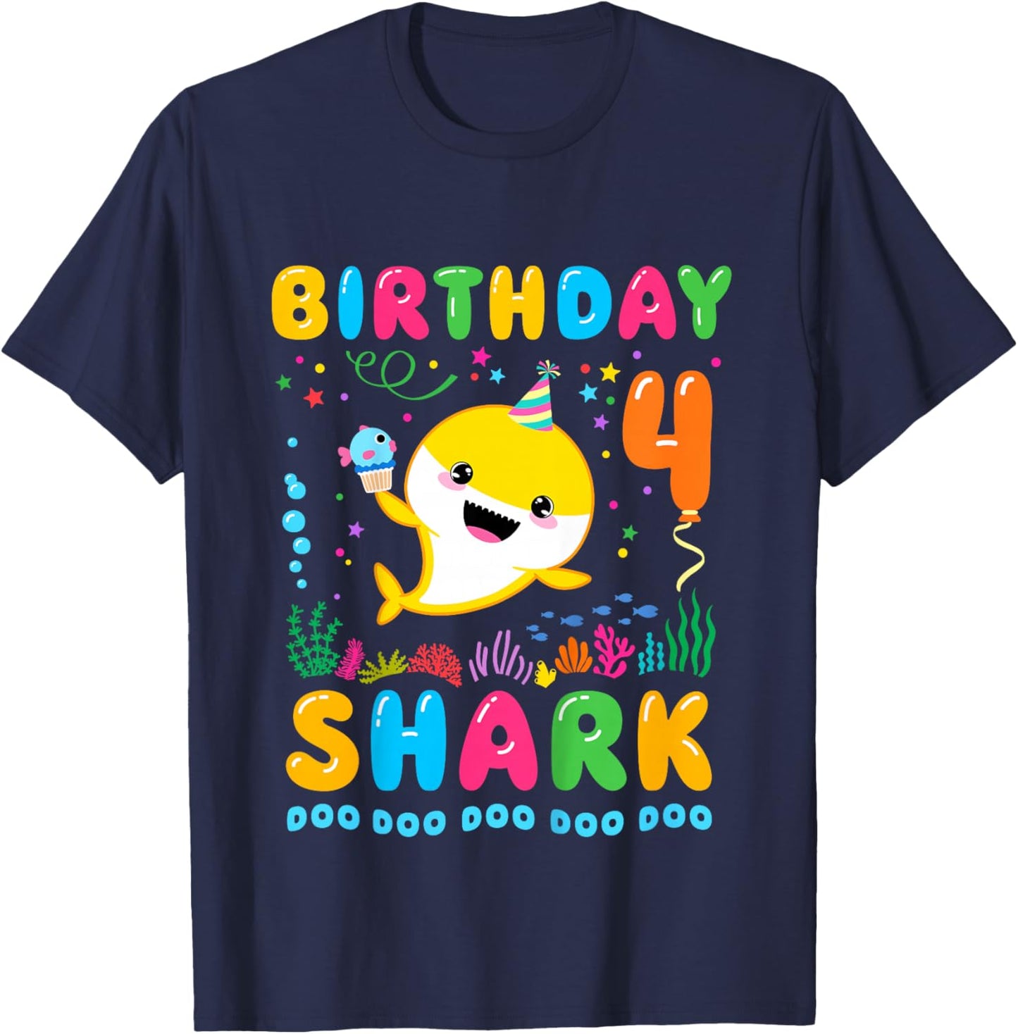 Kids Birthday Shark 4 Year Old Boy or Girl 4th Bday Kawaii T-Shirt - T-Shirt | Navy