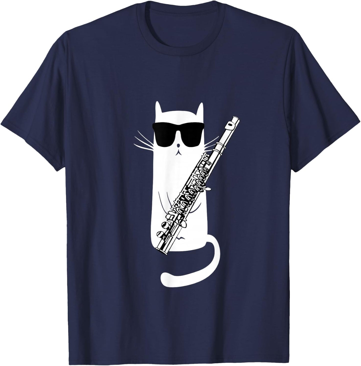 Funny Cat Wearing Sunglasses Playing Flute Small T-Shirt - T-Shirt | Navy