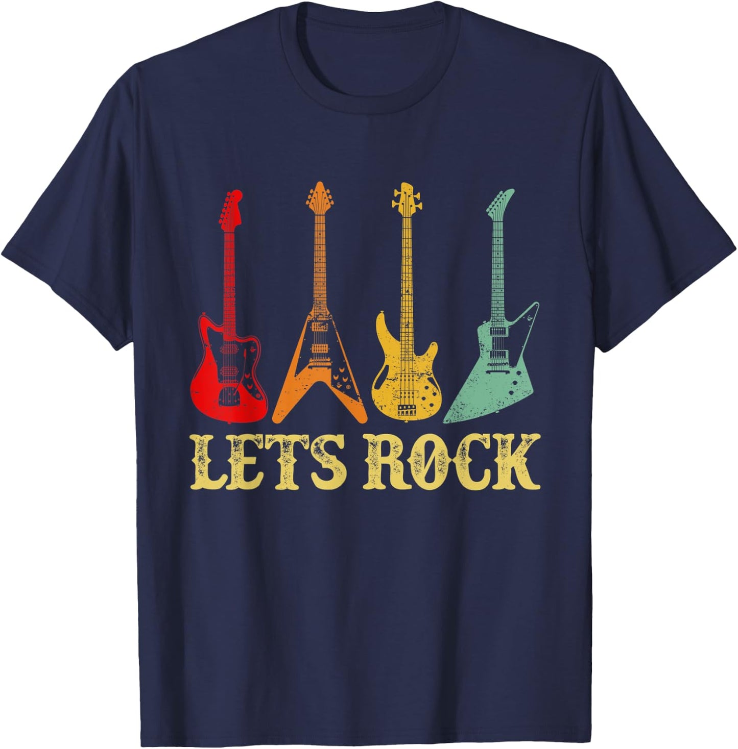 Vintage Retro Lets Rock Rock n Roll Guitar T-Shirt - T-Shirt | Navy