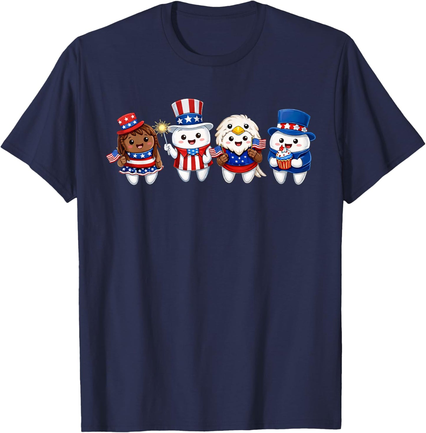 Fourth July Dentist Dental Office Tooth Team Funny Cartoon T-Shirt - T-Shirt | Navy