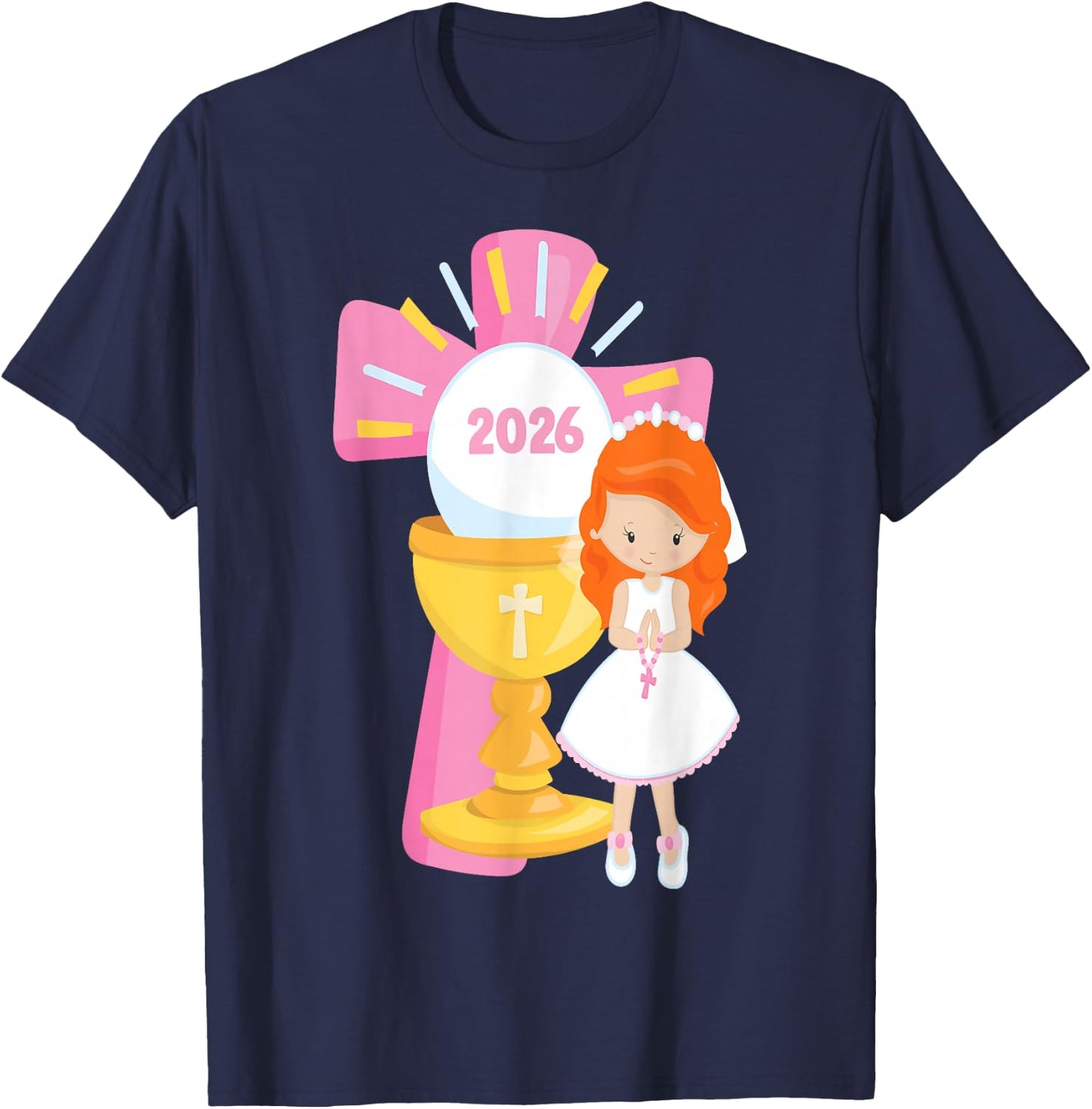 Redhead Girl First Communion 2026 Pink Cross Chalice Rosary T-Shirt - T-Shirt | Navy