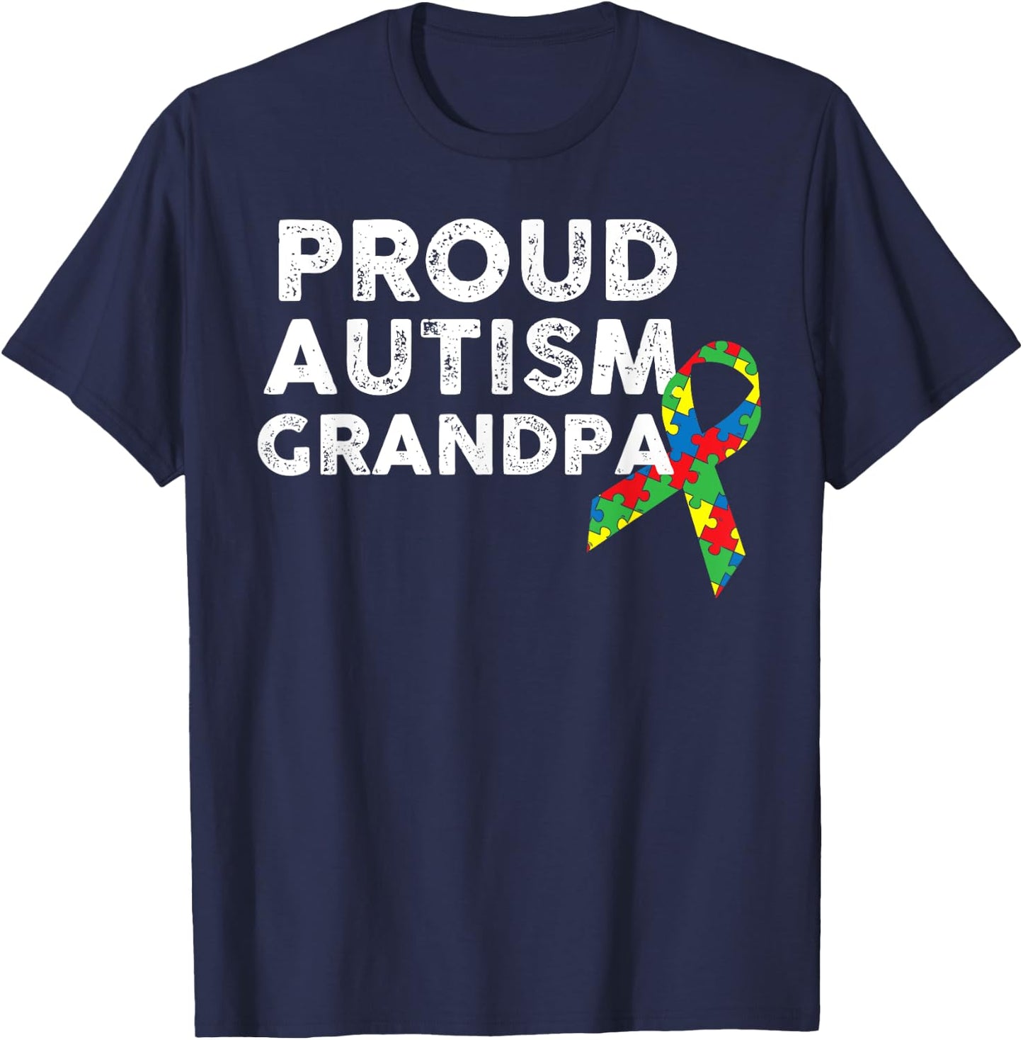 Proud Autism Grandpa Ribbon Puzzle Piece T-Shirt - T-Shirt | Navy