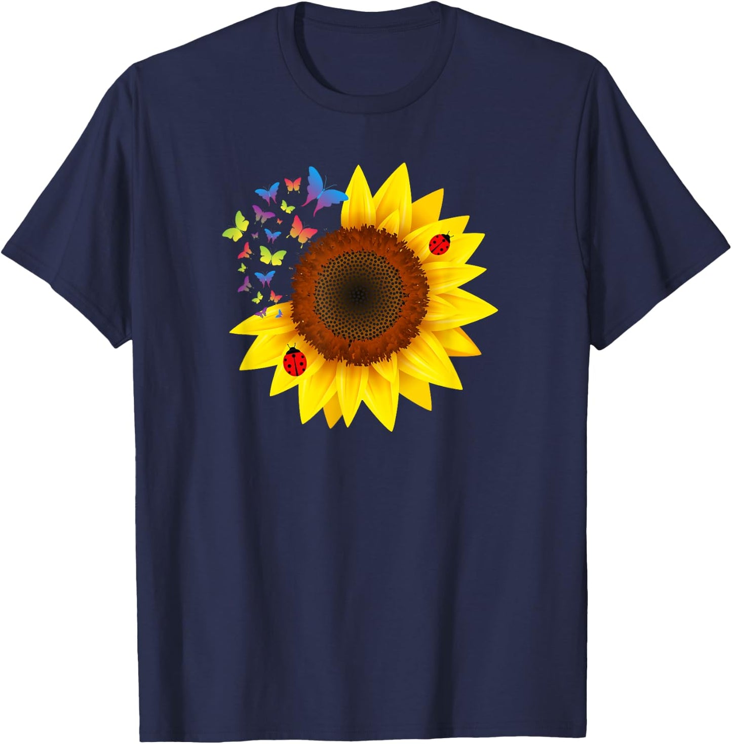 Sunflower, Ladybug, Butterflys, Design T-Shirt - T-Shirt | Navy