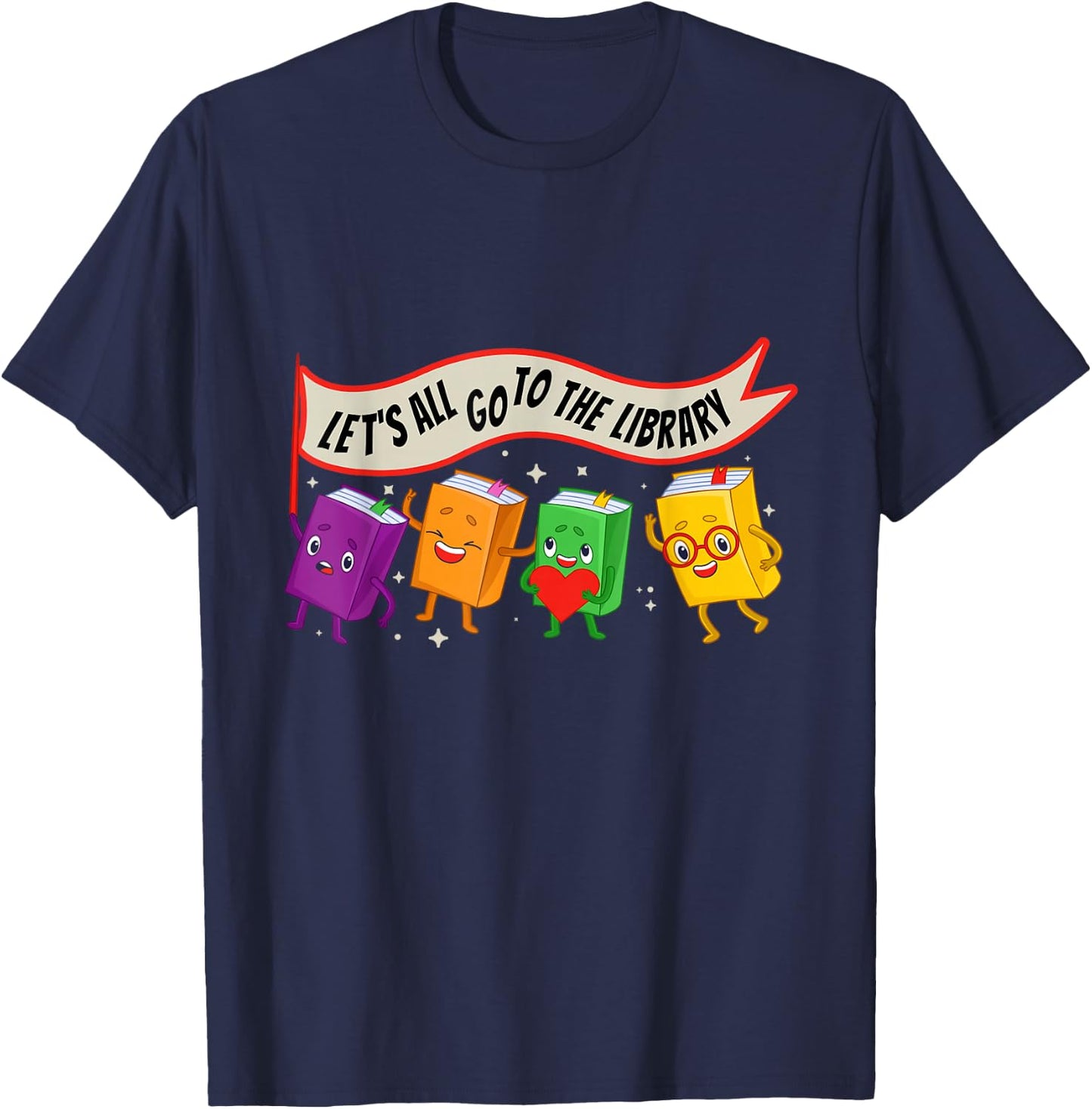 Librarian Let's All Go To The Library Cute Groovy Book Lover T-Shirt - T-Shirt | Navy