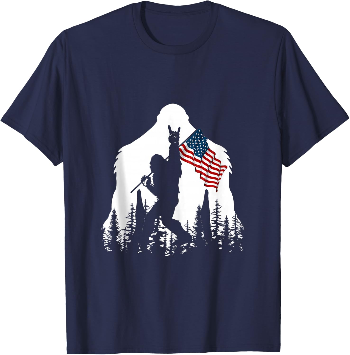 Bigfoot Rock On Hold American Flag Sasquatch Believers T-Shirt - T-Shirt | Navy