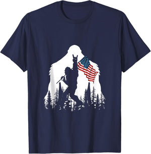 Bigfoot Rock On Hold American Flag Sasquatch Believers T-Shirt - T-Shirt | Navy