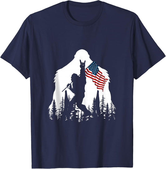 Bigfoot Rock On Hold American Flag Sasquatch Believers T-Shirt - T-Shirt | Navy