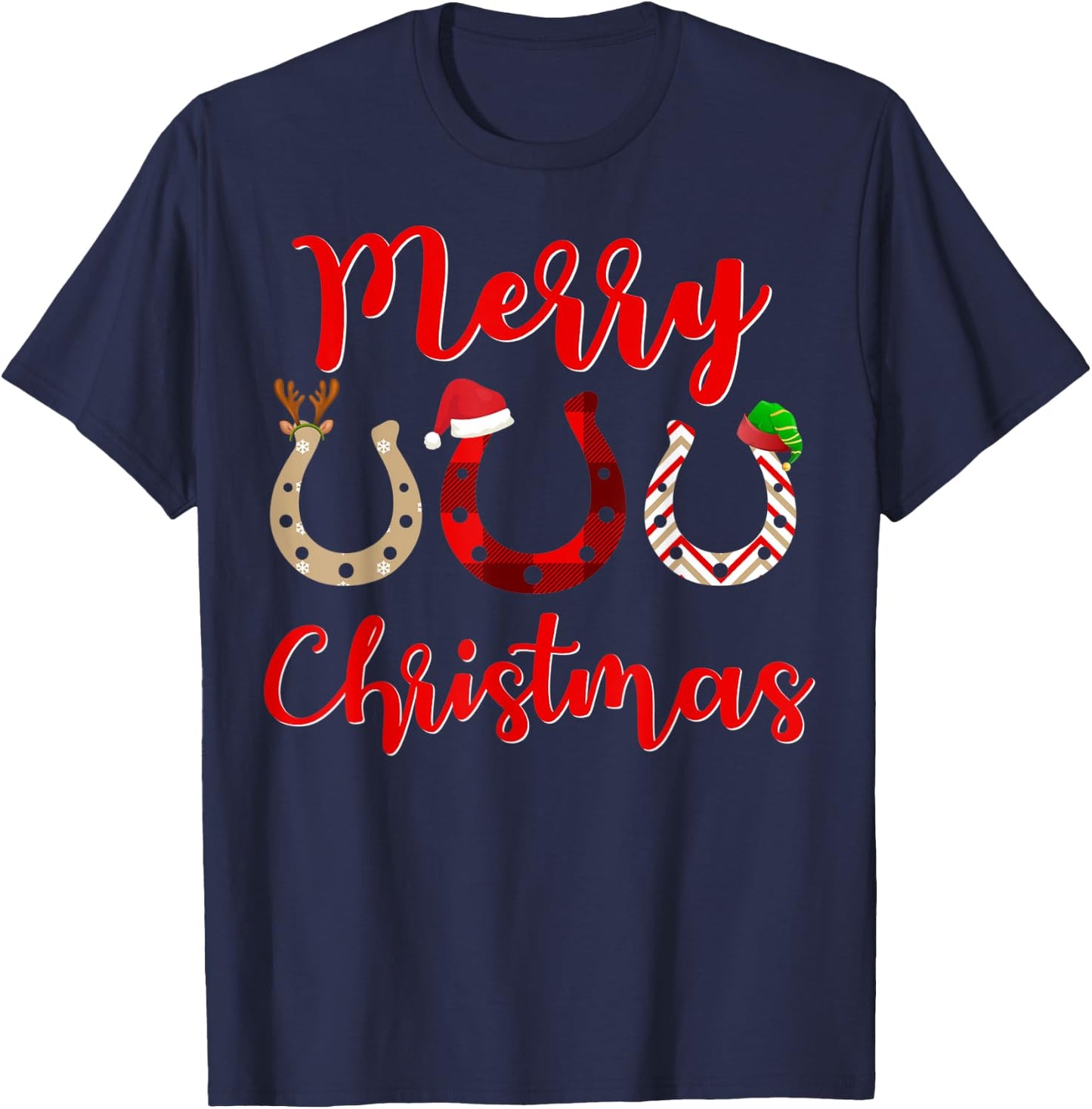 Christmas Horseshoe, Santa Hat, Horse T-Shirt - T-Shirt | Navy