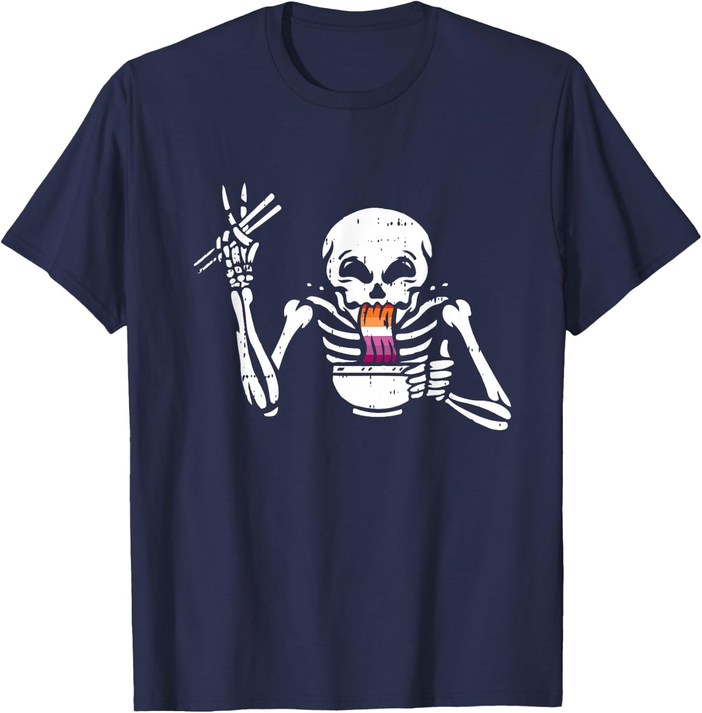 Eating Ramen Lesbian LGBT-Q Pride Japanese Skeleton T-Shirt - T-Shirt | Navy
