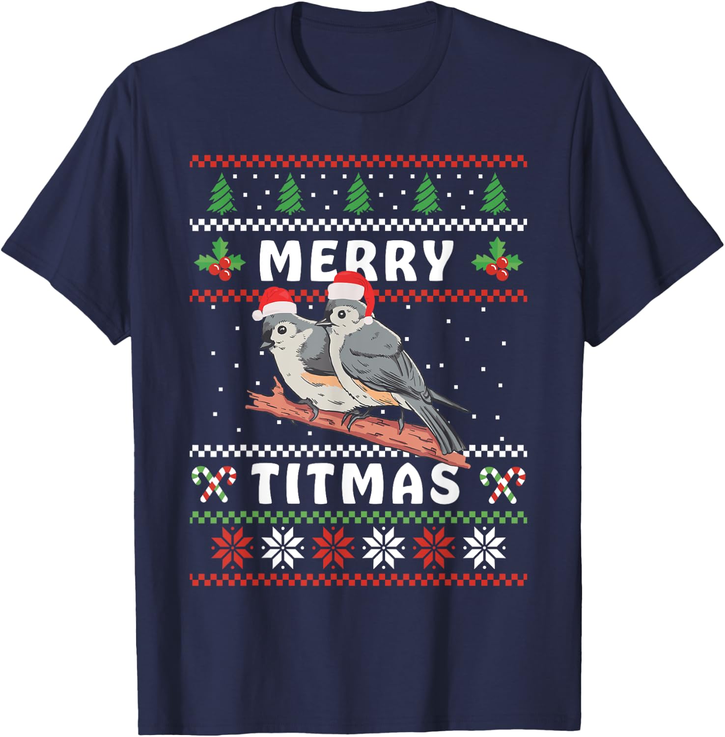 Funny Tufted Titmouse Merry Titmas Gift Bird watching T-Shirt - T-Shirt | Navy