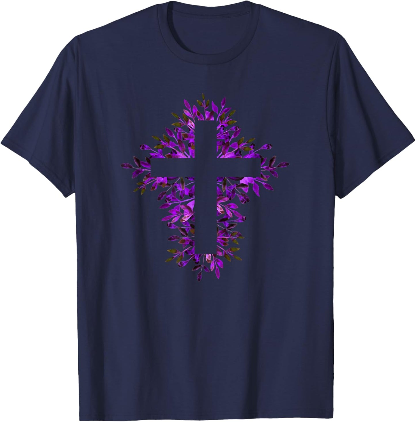 Purple Blue Floral Spring Fall Cross Christian Faith Lover T-Shirt - T-Shirt | Navy