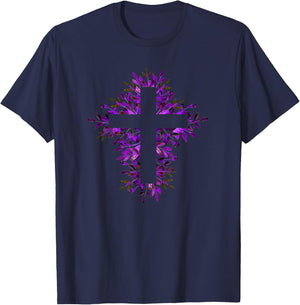 Purple Blue Floral Spring Fall Cross Christian Faith Lover T-Shirt - T-Shirt | Navy