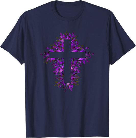 Purple Blue Floral Spring Fall Cross Christian Faith Lover T-Shirt - T-Shirt | Navy