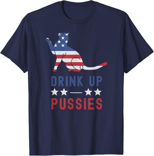 Drink Up Pussies USA Flag 4th of July Cat Lover Drinker T-Shirt - T-Shirt | Navy